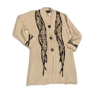 KOOS Of Course! Silk Blend Button Knit Cardigan Silk Applique Long Length XS